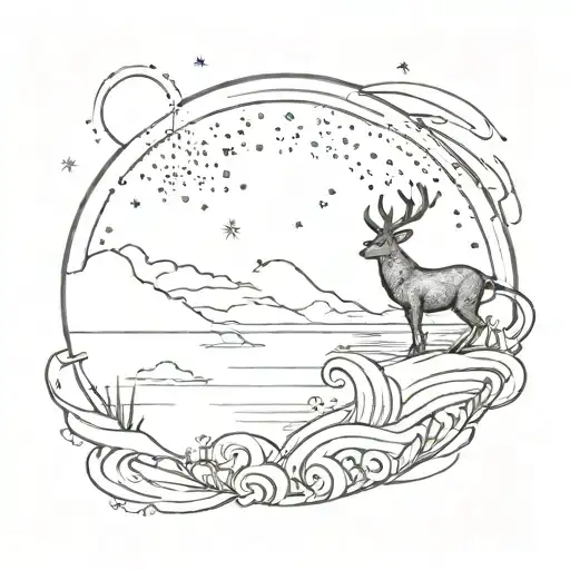 A Sketch Of A Serene Ocean Scene With A Silhouette Of A Capricorn Constellation In The Night Sky