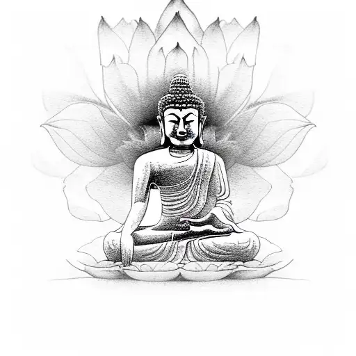 A Sketch-style Buddha Meditating Under A Blooming Lotus Flower
