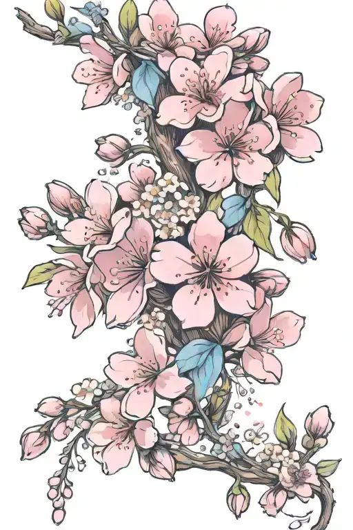 Small Fine Chain Of Cherry Blossoms And Forget Me Nots With Pink Cancer Ribbon Flowing In The Wind