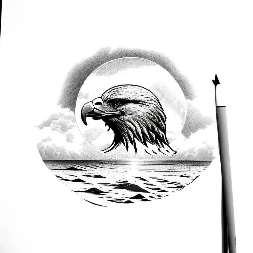 A Wavy Water Sandy Beach Landscape With Sun And Clouds With Eagle Head In Sky