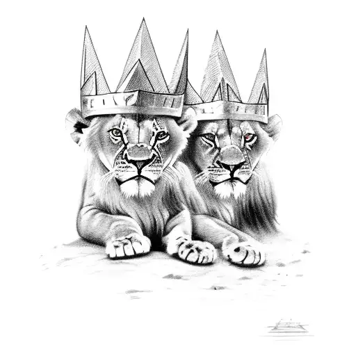 Two Lion Cubs With Royal Crowns On Their Head And Tribal Design