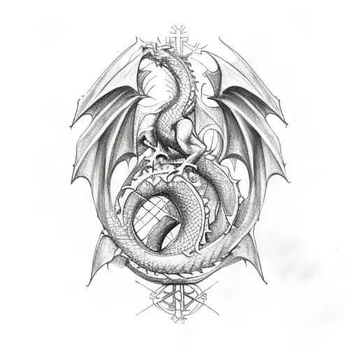 Dragon Behind A Cross Tattoo