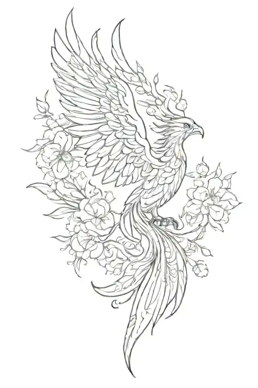 Simple Peaceful Phoenix Flying With Open Wings And Flowers