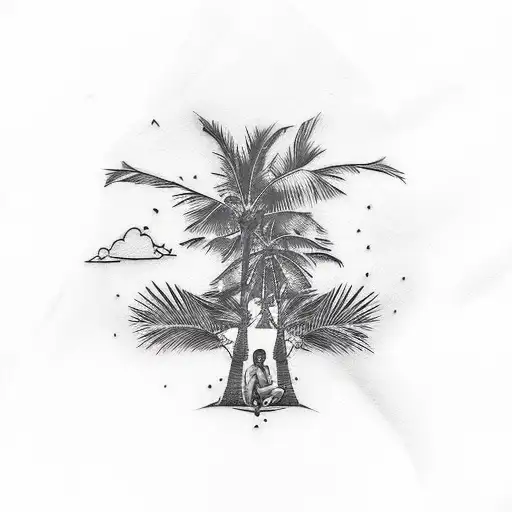 A Sketch-style Tattoo Of Karol G Relaxing Under A Palm Tree