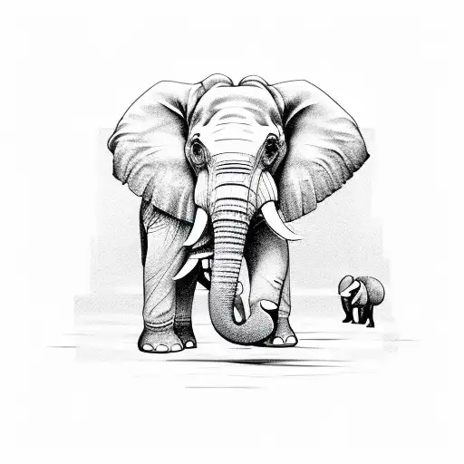 Elephant With Baby Front View Half And Half