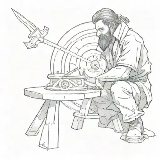 Man Sitting At Grind Stone Wheel Sharpening A Sword