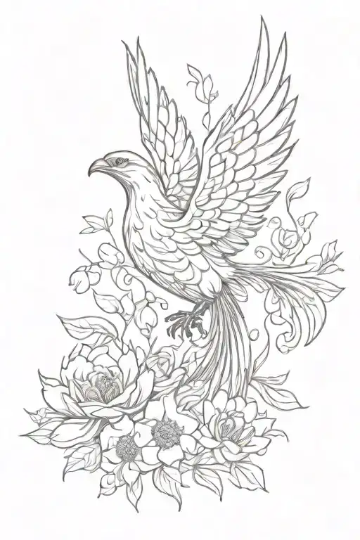 Simple Peaceful Phoenix Flying With Open Wings And Flowers Coming Out Of Frame
