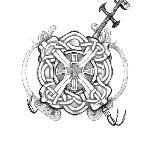 A Sketch-style Tattoo Of A Firefighter Helmet With A Celtic Cross And Fly Fishing Hooks Intertwined