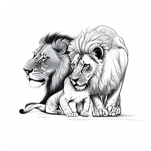 A Lion And Lioness Protecting A Small Boy