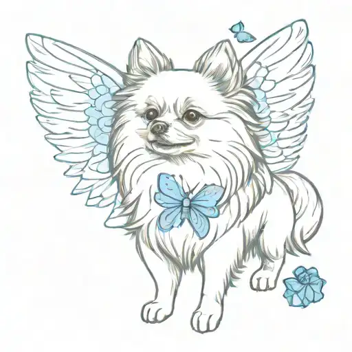 Pomeranian Dog With Angel Wings And A Blue Butterfly Flying