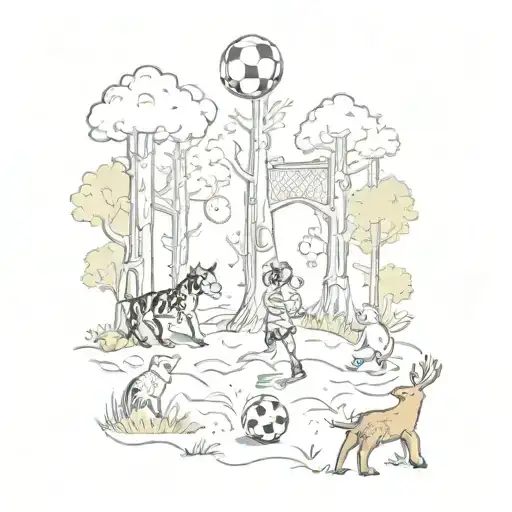 A Family Of Animals Playing Soccer In A Whimsical Forest Setting