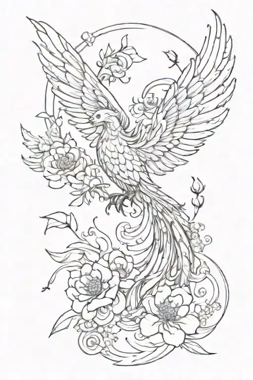 Simple Peaceful Black And Red Flying Phoenix With Flowers Back