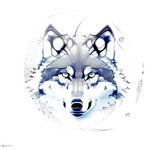 Wolf With Trees And A Moon Blavk And White