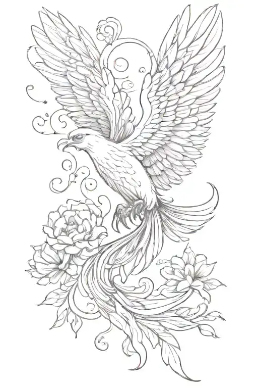 Simple Peaceful Phoenix Flying With Open Wings And Flowers