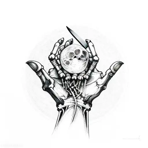 A Skeletal Hand Holding A Scythe With Moon Phases As The Blade