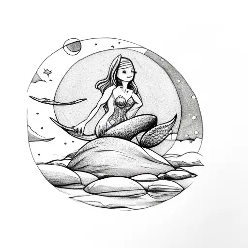 Mermaid Sitting On Rock Looking Up At The Sky With A Full Moon And Milkyway