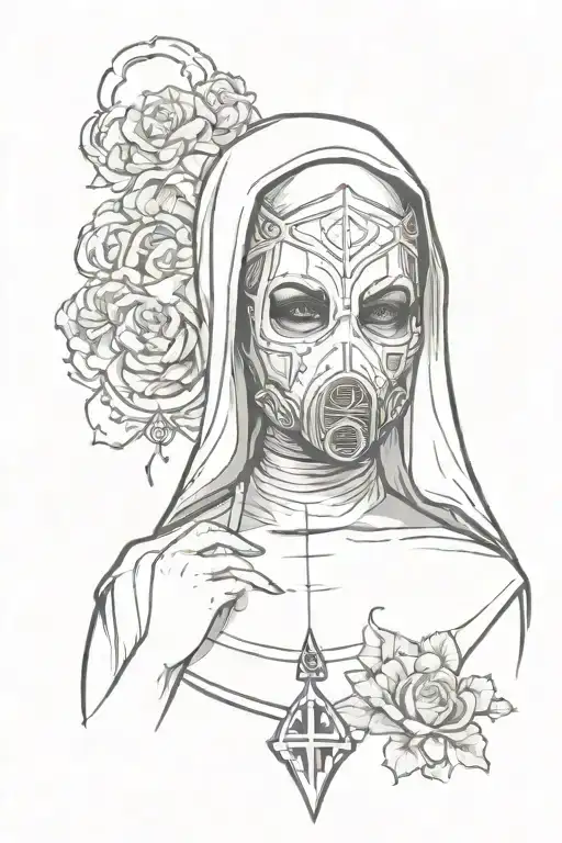 Sexy Nun Wearing A Gass Mask Surrounded By Smoke Rising