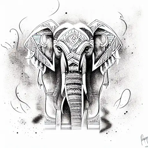 Elephant Indian Aquael Style With Tribal On The Fog