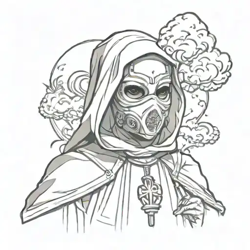 Sexy Nun Wearing A Gass Mask Surrounded By Smoke Rising
