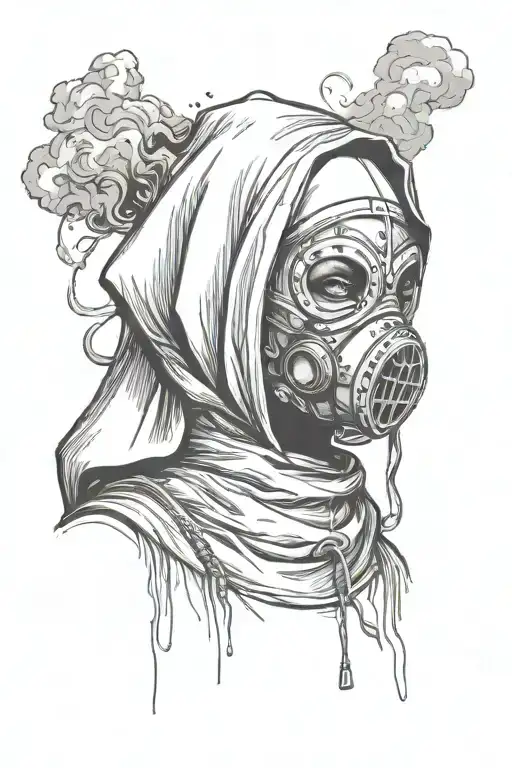 Sexy Nun Wearing A Gass Mask Surrounded By Smoke Rising