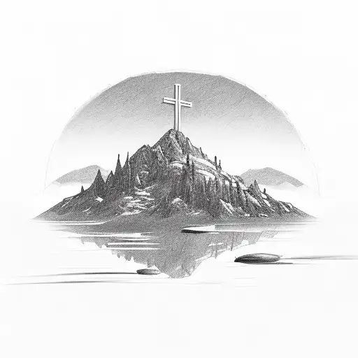 A Serene Landscape With A Cross Standing Tall On A Mountain Peak