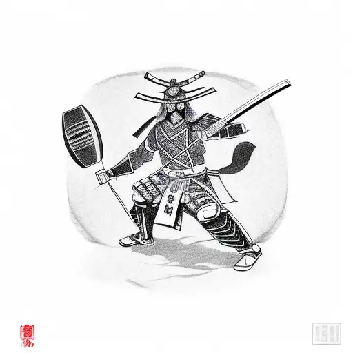 Incorporate A Samurai Warrior Holding A Cricket Ball In A Traditional Japanese Tattoo Design