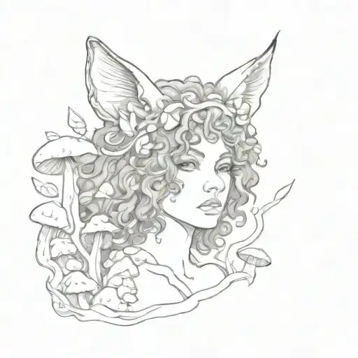 Menacing Curly Haired Woman With Cat Ears In Cave Surrounded By Mushrooms