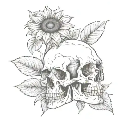 A Realistic Human Skull Next To A Single Sunflower