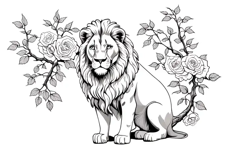 Sitting Lion Surrounded By Rose Tree Branch