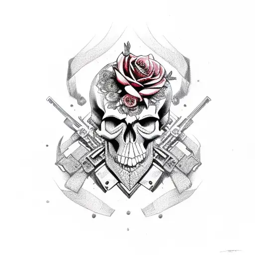 Skull And Roses With Guns And A Women