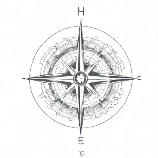 A Minimalist Tattoo Of A Compass With The Initials Of Each Family Member Pointing Towards 'Home'