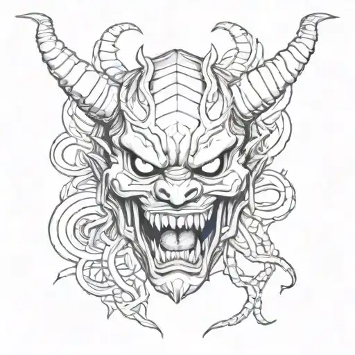 A Japanise Oni Mask Whit A Black Widow Spider Coming Out Of The Mouth