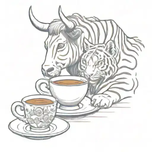 A Sketch Tattoo Of An Ox And Tiger Drinking Coffee Together In A Coffee Shop