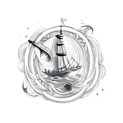 A Sketch-style Tattoo Of A Viking Ship Sailing Through A Cosmic Ocean