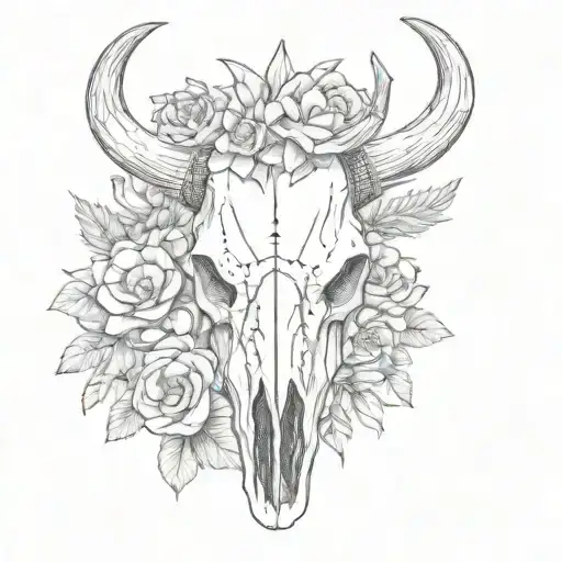 Bull Skull With Flowers And Cactuses