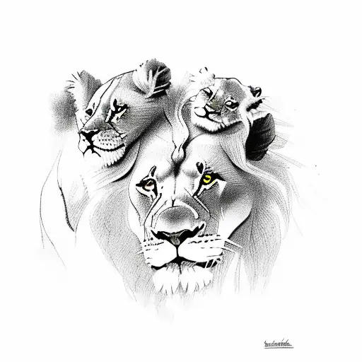 Lion With 3 Lion Cubs