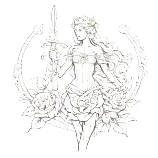 Themis Goddess Of Justice With Sword And A Rose