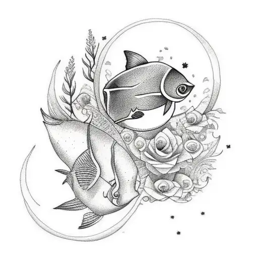 Tattoo Flowers With Moon And Fish And Sea And Stars