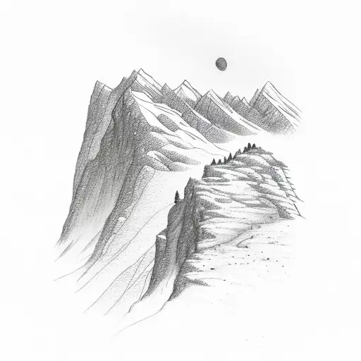 A Detailed Sketch Of A Serene Mountain Landscape With A Hiker's Silhouette Enjoying The View