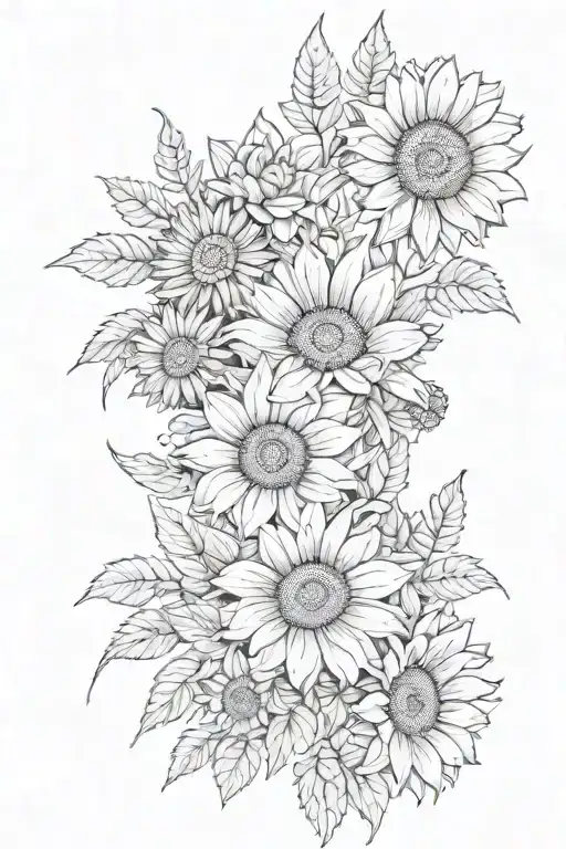 Small Line Simple Tattoo Bouquet Of Crysthanum Lavender And Sunflowers Wrapped In A Bow