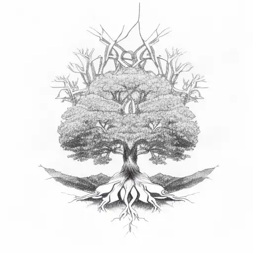 A Tree With Roots Shaped Like Dollar Signs And Branches Shaped Like Peace Signs