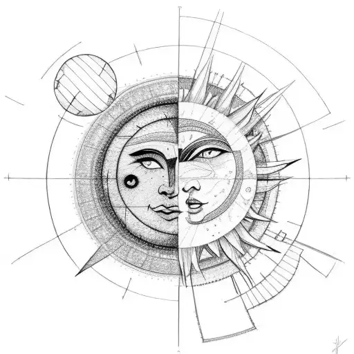 A Sketch Style Sun And Moon Merging Into A Crafty Constellation