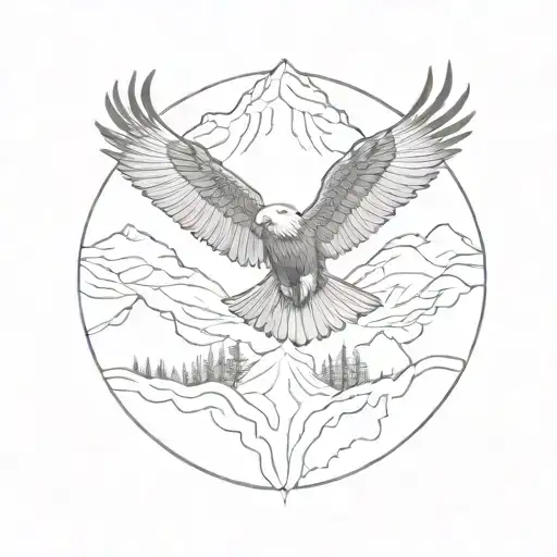 Small Black And White Fine Line Tattoo Of A Bald Eagle Surrounded By Mountains And Trees