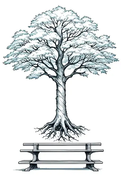 Maple Tree Fine Line Tattoo With Bench Underneath