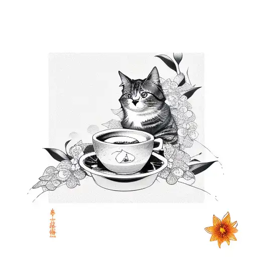 A Cat Sitting On A Coffee Cup Surrounded By Orange Blossoms And Waves