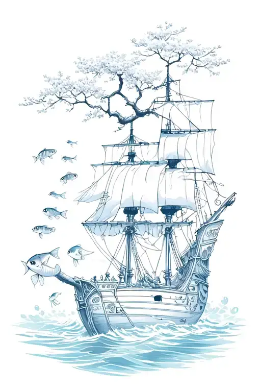 Sakura Tree And Pirate Ship With Koi Fish Swimming
