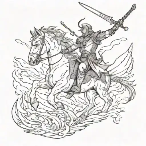 Create A Tattoo Of A Sword-wielding Warrior Riding A Mythical Creature Into Battle