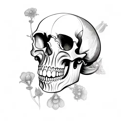 Heart With Red Flowers Under And A Big Skull