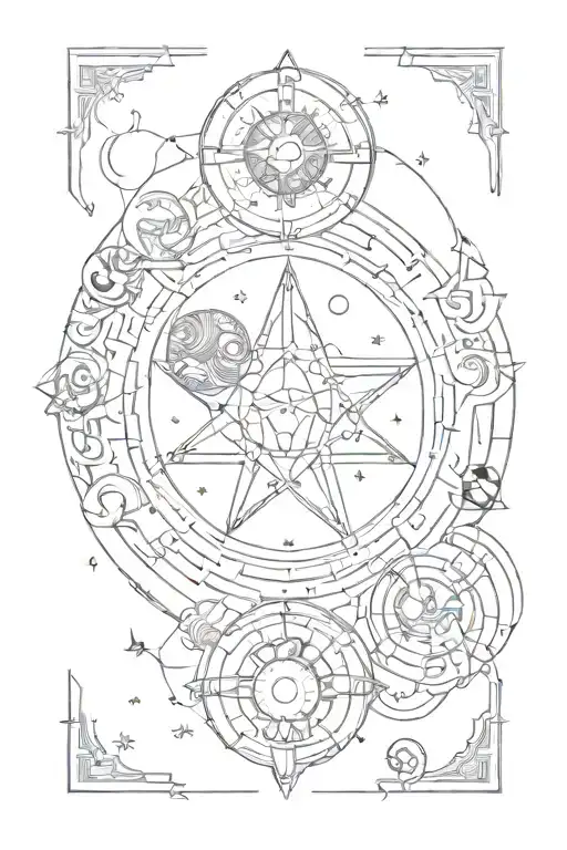 Geometric Style Tattoo With Zodiac Signs Aries And Capricorn Connected To Planets And Infinity