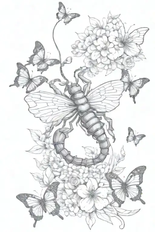 Scorpion Lines Connecting Various Butterflies With Flowers